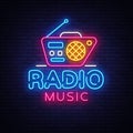 Radio Music Neon Logo Vector. Radio Night neon sign, design template, modern trend design, Radio neon signboard, night