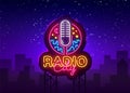 Radio Neon Logo Vector. Radio City neon sign, design template, modern trend design, night neon signboard, night bright Royalty Free Stock Photo