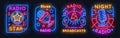 Radio neon sign. Music glowing icons, on air night light emblems, audio show concept. Vector neon radio communication