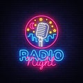 Radio Night Neon Logo Vector. Radio Night neon sign, design template, modern trend design, Radio neon signboard, night