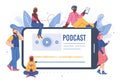 Radio podcast banner with people listen to stream, cartoon vector illustration.