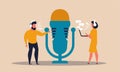 Radio podcast with man and woman. Interview with headphone headset on air speech microphone vector illustration concept. Live news