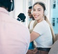 Radio, podcast and portrait of woman in office in conversation with people, headphones and microphone. Recording