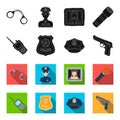 Radio, police officer badge, uniform cap, pistol.Police set collection icons in black,flet style vector symbol stock Royalty Free Stock Photo