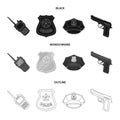 Radio, police officer badge, uniform cap, pistol.Police set collection icons in black,monochrome,outline style vector Royalty Free Stock Photo