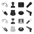 Radio, police officer badge, uniform cap, pistol.Police set collection icons in black,monochrome style vector symbol Royalty Free Stock Photo