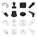 Radio, police officer badge, uniform cap, pistol.Police set collection icons in black,outline style vector symbol stock Royalty Free Stock Photo