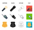 Radio, police officer badge, uniform cap, pistol.Police set collection icons in cartoon,black,outline,flat style vector Royalty Free Stock Photo