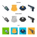 Radio, police officer badge, uniform cap, pistol.Police set collection icons in cartoon,flat,monochrome style vector Royalty Free Stock Photo