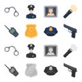 Radio, police officer badge, uniform cap, pistol.Police set collection icons in cartoon,monochrome style vector symbol Royalty Free Stock Photo