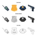 Radio, police officer badge, uniform cap, pistol.Police set collection icons in cartoon,outline,monochrome style vector Royalty Free Stock Photo