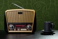 Radio receiver and cup of coffee on green fabric background