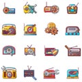 Radio repair icons set, cartoon style