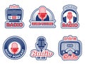 Radio show badges. Air podcast audio studio logo music radio station vector labels set collection isolated Royalty Free Stock Photo