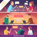 Radio show banners. Audio radio music microphones and headset live speakers vector illustrations