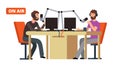 Radio show. Broadcasting radio dj talking with microphones on air. Vector concept