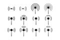 Radio signal wave collection. Wireless connection set of broadcasting network. Cellular antenna icons in black. Wifi communication