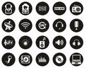 Radio Station & Radio Equipment Icons White On Black Flat Design Circle Set Big