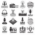 Radio station logo. Music studio podcast speaker vector badges collection