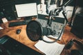 Radio station microphone in recording studio or broadcast room, working place of radio host, close up Royalty Free Stock Photo