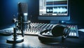 Radio Station Microphone in Recording Studio, Close-up View of Broadcast Room Equipment, Professional Radio Host Workplace. Royalty Free Stock Photo