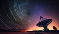 Radio telescope antenna radio receiver on beautiful night sky with star trails copy space Royalty Free Stock Photo