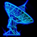 Radio telescope, parabolic antenna. On a black background, neon colors.