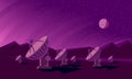 Radio telescopes track the stars at night. Flat style illustration with satellite dishes