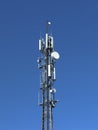 Radio tower with antennas on a blue sky background. Metal construction. Wireless tezhnologii. Transmission of a tele-radio signal. Royalty Free Stock Photo