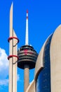 Radio tower called Colonius and modern Islamic mosque in Cologne, Germany