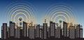 Radio tower 5G irradiate the city. Tower transmitter GSM. Vector illustration