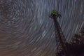 Radio tower near Reichenberg in the Bavarian forest at night with star trails around the Polarstern, Germany