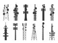 Radio tower silhouettes. Transmission cellular towers, television and broadcasting antenna, satellite signal telecom