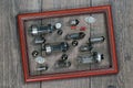 Radio tubes and electronic components in a frame on a wooden tab Royalty Free Stock Photo