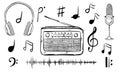 Radio vector illustration. Linear drawing of FM tuner, headphones and microphone painted by black inks. Sketch of old Royalty Free Stock Photo