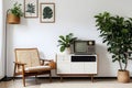 Radio on white cupboard between ficus tree and wooden armchair against white wall with gallery in retro living room interior Royalty Free Stock Photo