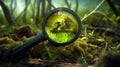 Radioactive contamination concept. Contaminated land under the magnifying glass, tones of green and yellow. Created with