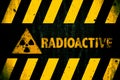 Radioactive ionizing radiation or nuclear energy danger symbol and word yellow and black stripes