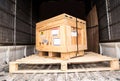 Radiation label beside the transport wooden box Type A package i