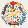 Radioactive, nuclear power plant building, explosion of bomb, atomic icons banner vector illustration. Rocket, radio Royalty Free Stock Photo