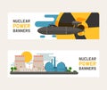 Radioactive, nuclear power plant building, explosion of bomb, atomic icons set of banners vector illustration. Flying Royalty Free Stock Photo