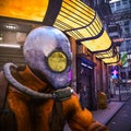 Radioactive soldier on the old city close up view Royalty Free Stock Photo