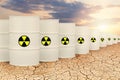 Radioactive waste barrels. Toxic nuclear pollution concept