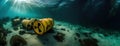 Radioactive Waste Barrels Underwater. Panorama with copy space. Royalty Free Stock Photo