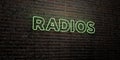 RADIOS -Realistic Neon Sign on Brick Wall background - 3D rendered royalty free stock image