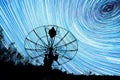Radiotelescopes silhouettes under long star trails