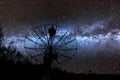 Radiotelescopes silhouettes under milky way