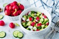 Radish cucumber salad with greens in bowl Royalty Free Stock Photo