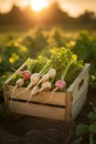 Radish Daikon harvested in a wooden box with field and sunset in the background.