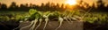 Radish Daikon harvested in a wooden box with field and sunset in the background.